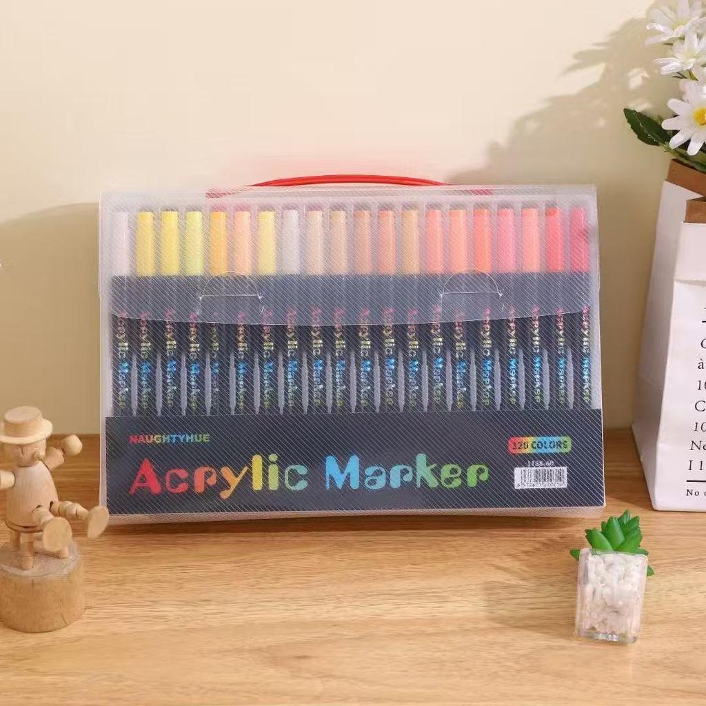 Professional Art Use 120-24Colors Acrylic Paint Markers, Dual-Tip Fine and Brush Tip Pens, Suitable for Stone, Wood, Calligraphy