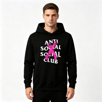 Men's Casual Streetwear Hoodie, Bright Pink X Anti Social Text White Ink Heat Transfer Print Long Sleeve Hooded Pullover Sweatshirt For Daily Wear