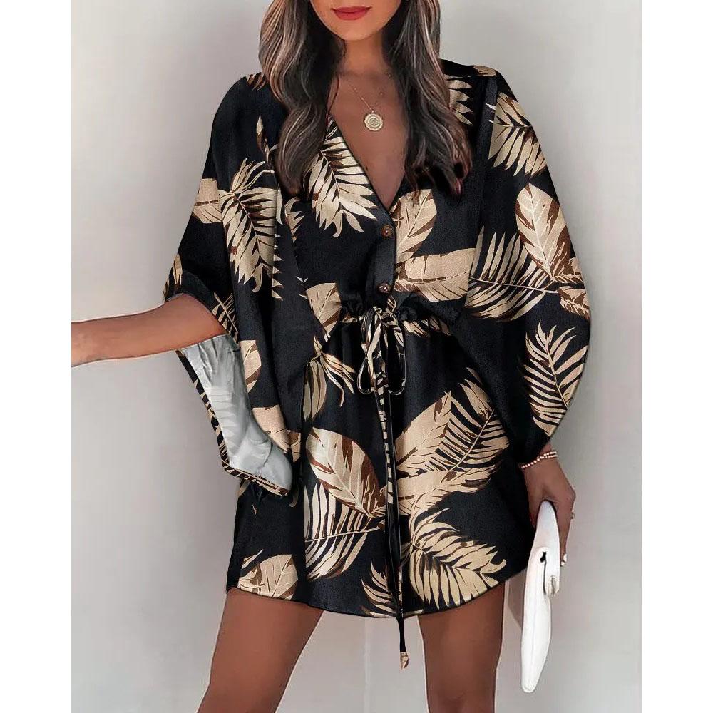 Summer Casual Drawstring Tie-Up Mini Loose Dress Fashion Print Batwing Sleeve Beach Dress Sexy Button V Neck Women Party Coverup