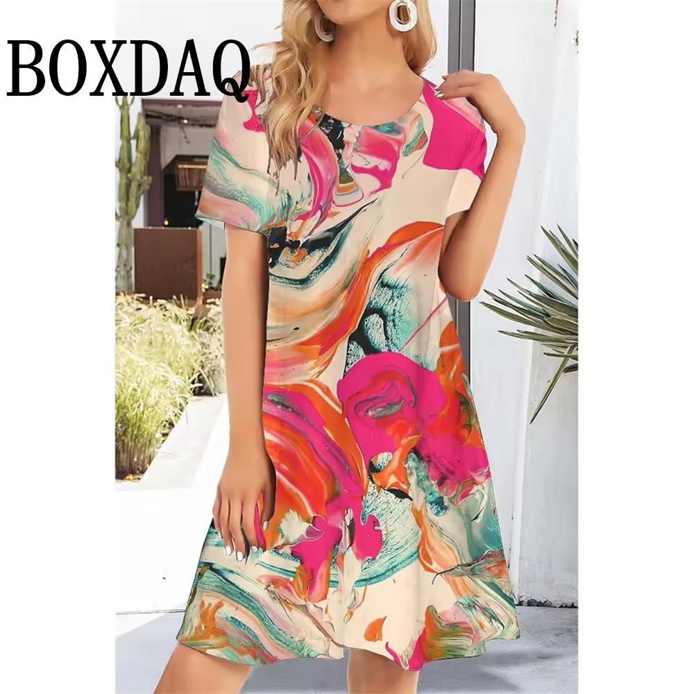 

2025 Летние платья Модные женские абстрактные 3D-принты с принтом Платье с коротким рукавом Повседневное платье А-силуэта с круглым вырезом Свободная одежда Весна 6XL