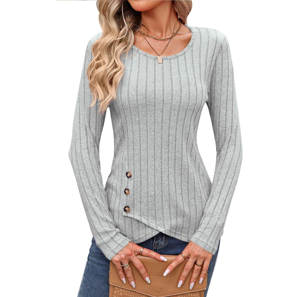 Women's Autumn and Winter Waist Cinched Round Neck Tight Long Sleeved Top