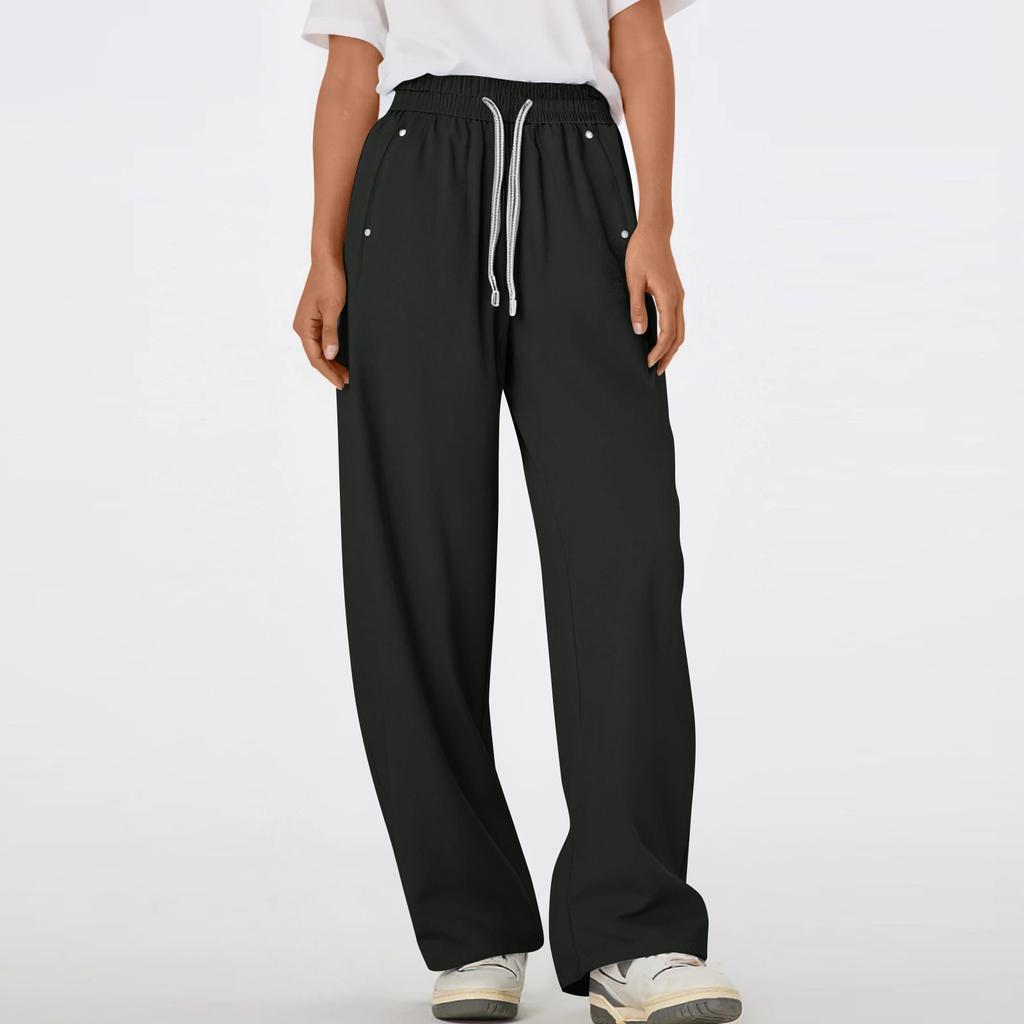 Women's Multi Pocket Drawstring Straight Tube Slimming, Wide Leg Mopping, Solid Color Pants