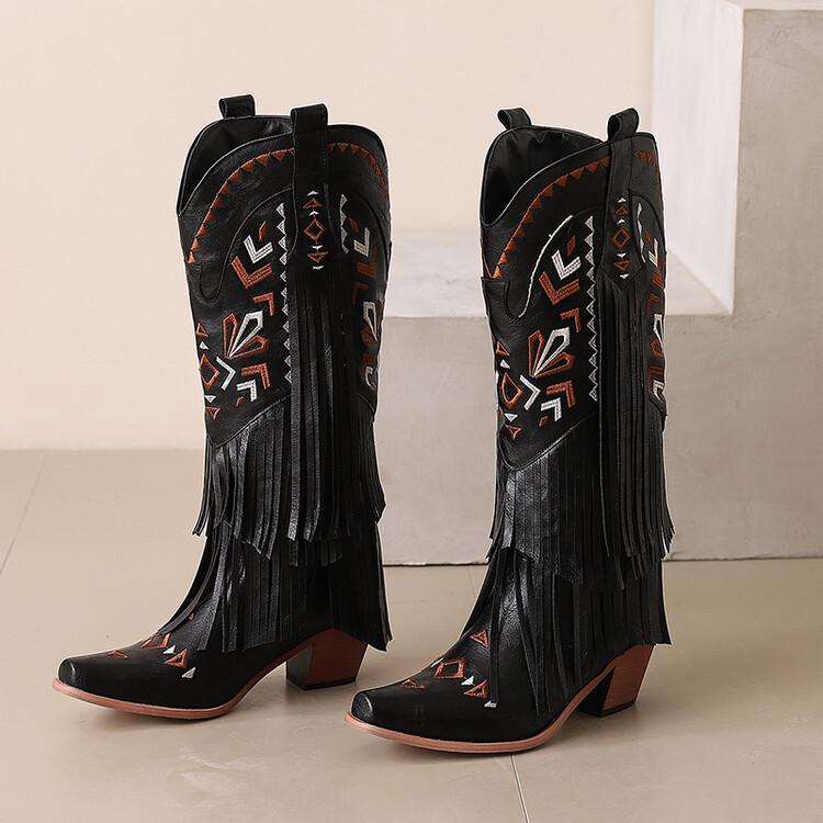 Fashion New Autumn Winter Women Boot Fashion Embroidered Western Denim Boots for Women Chunky Heel Tassels Mid-calf Boots Ladies Shoes
