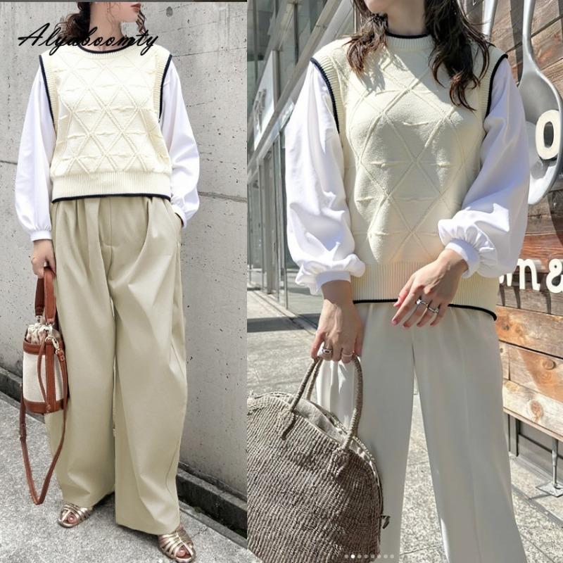 Korean Fashion Women Streetwear Top Contrast Color Patchwork Knitting Sweater Long Sleeve Casual Loose Ladies' Basic Sweatshirt