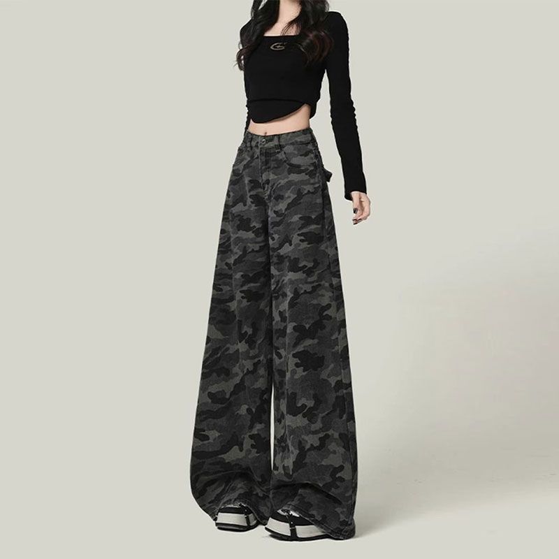 American retro camouflage wide-leg jeans women's autumn 2025 new loose straight high-waisted large-size tooling pants