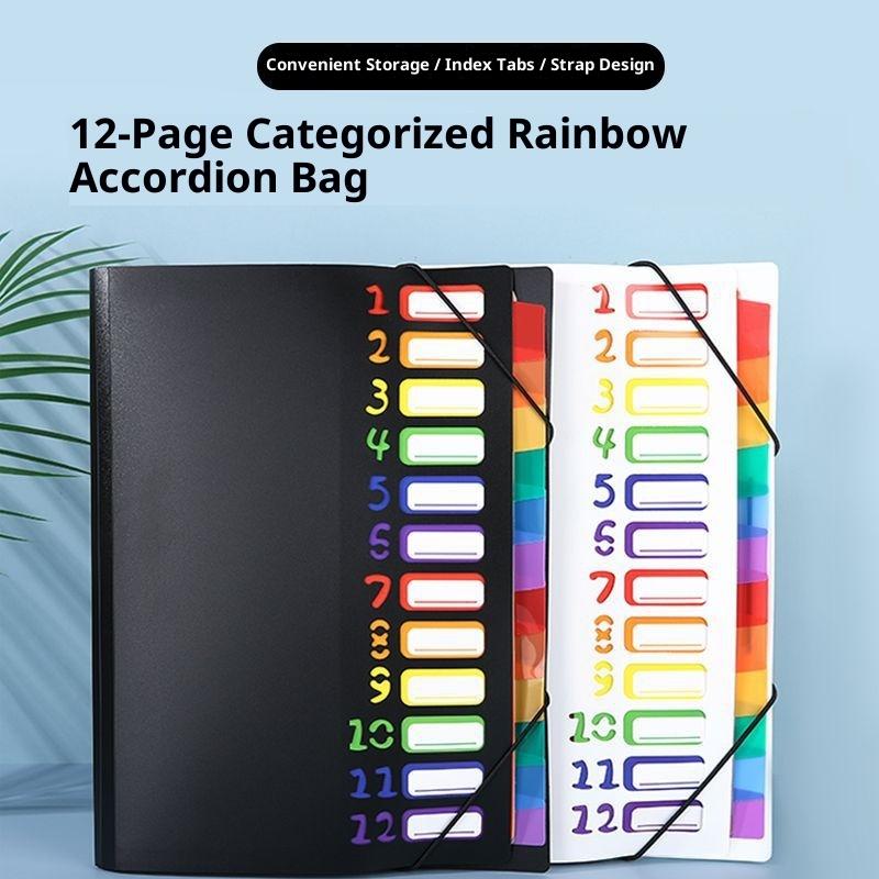 12 Fächer Regenbogen Akkordeon Erweiterbare Aktenmappe PP-Material Elastischer Verschluss Bunte Registerreiter Büro Schulorganisator