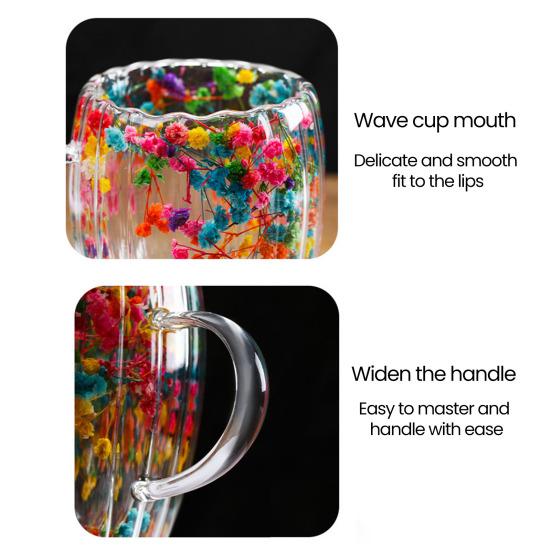 Double-Walled Glass Mug with Dried Flowers 250/350ml Heat Resistant Handle Coffee Cup for Hot Drinks Unique Artistic Glassware