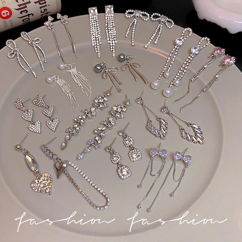 Korean-Style Diamond Tassel Bow Earrings - Elegant Long Earrings for All Occasions