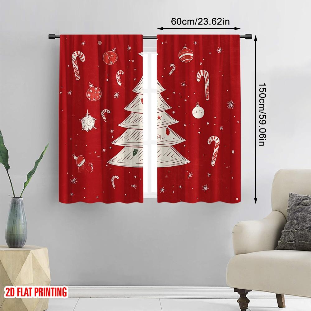 2pcs,2D Plane Printing Window Curtain Christmas Tree Ornaments Snowflakes_a Polyester Fabric (without Rod) Decorations For Home
