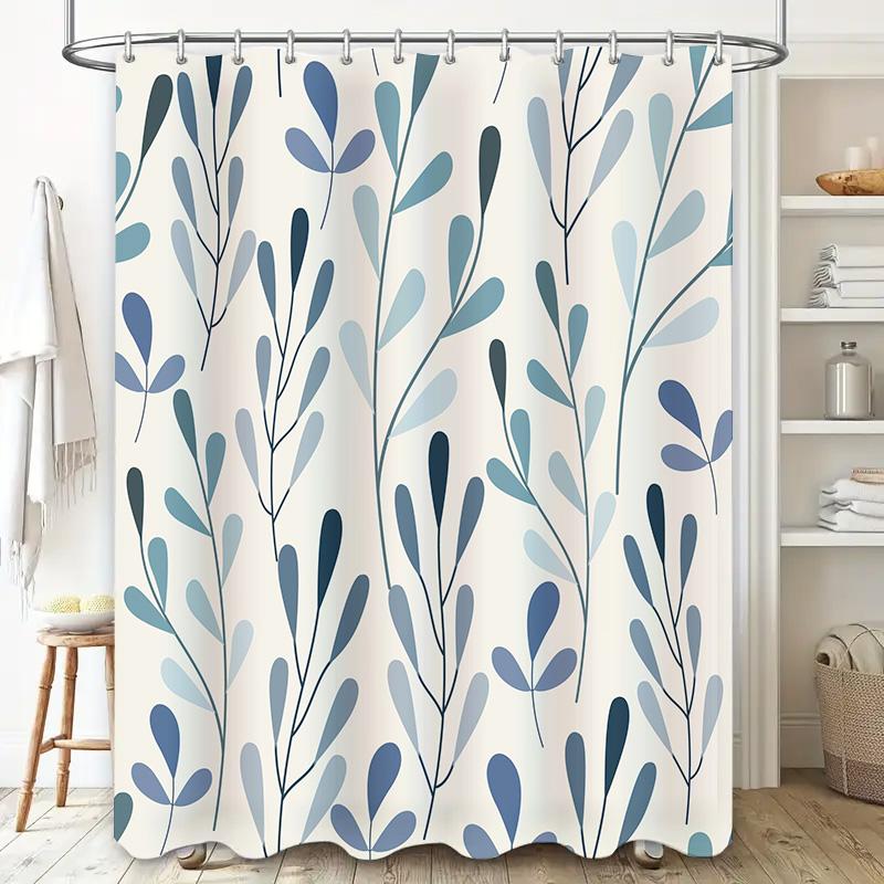 Blue Green Leaf Shower Curtain with Water Repellent Fabric for Bathroom Decor 72x84in Large Size Bath Linen Modern Style Waterpr