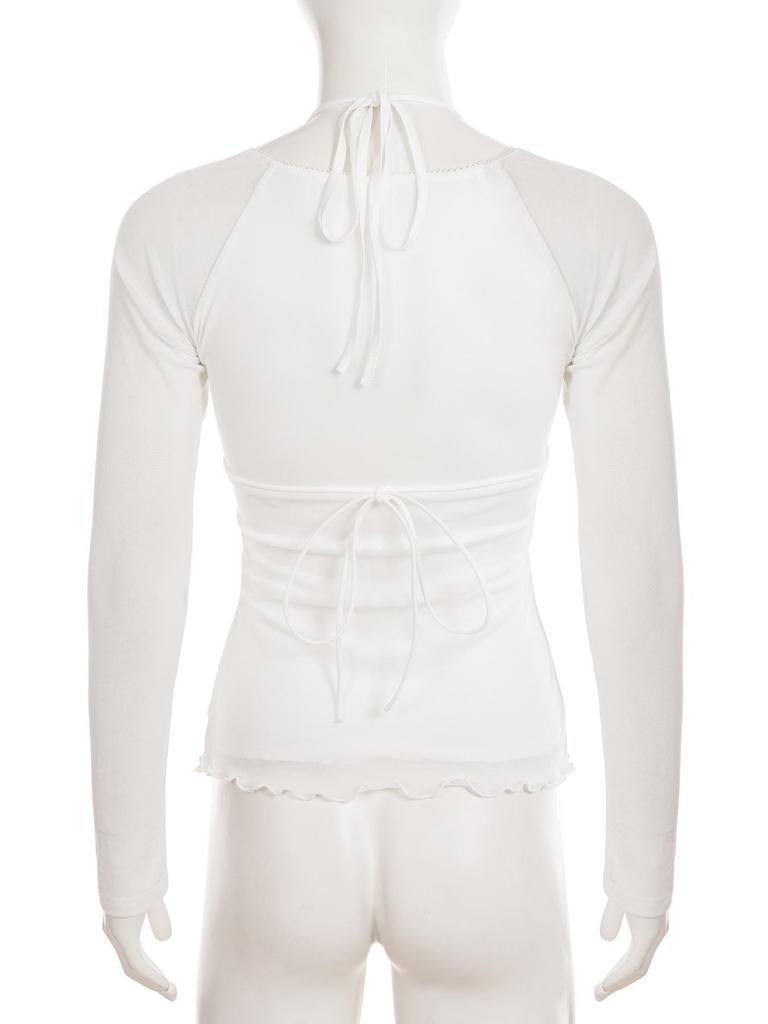 Spicy Girl Mesh Patchwork White Two-Piece Style Ruffle Trim Sheer Long Sleeve Top