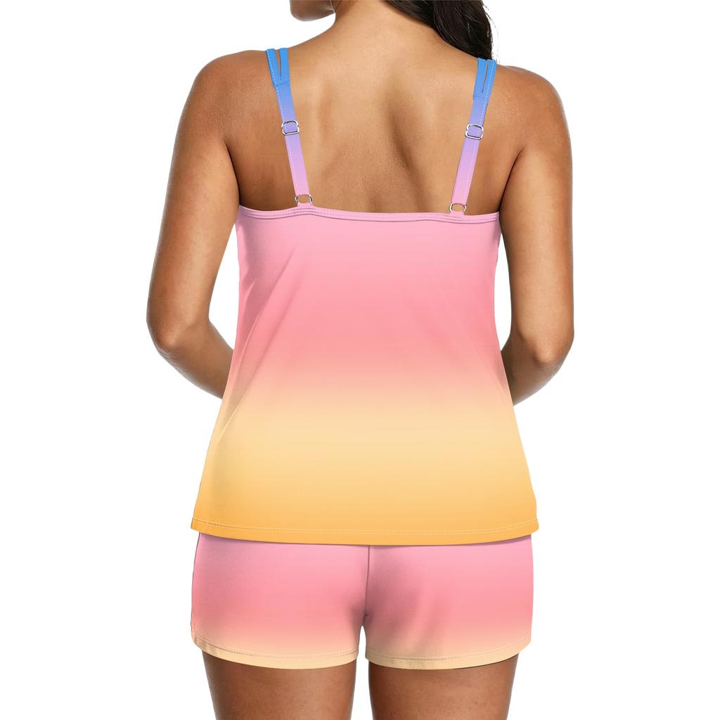 Women’s Printed Tankini Two Piece Swimsuit Sports Swimwear Set with Sleeveless Top and Shorts for Beach Pool