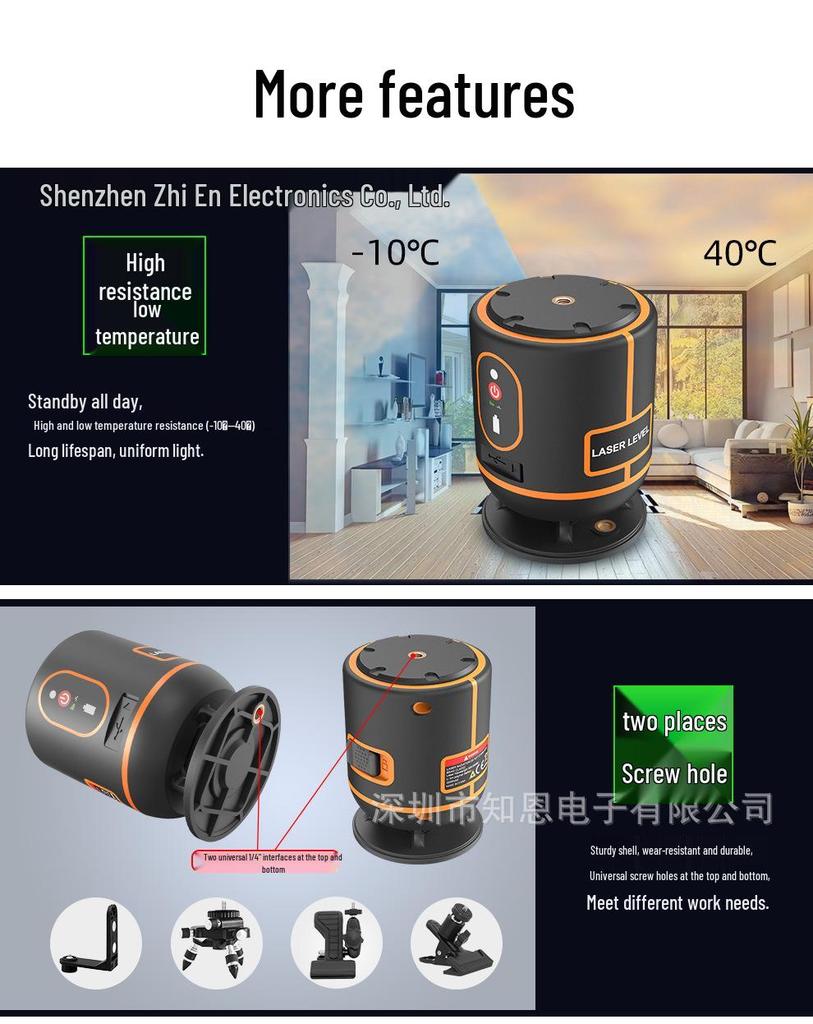 360° Green Laser Level with 4 Ground-Level Lines & High Precision Rechargeable Battery