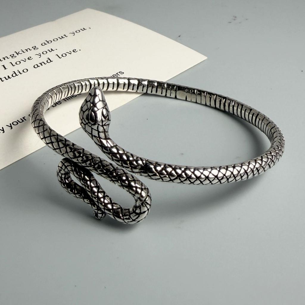 100% Solid 925 Sterling Silver Retro Bracelet for Women Men Vintage Handmade Snake Simple Bracelet Birthday Gift