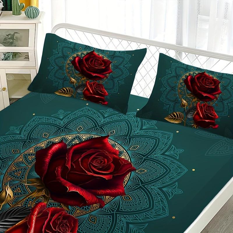 Gothic Rose Pattern Bed Hat Three-Piece Digital Printing Bedroom Room School Dormitory Bedding Decoration