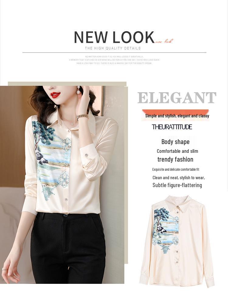 Genuine Mulberry Silk Print Shirt - Women's Slimming Long Sleeve Autumn Fashion 2025