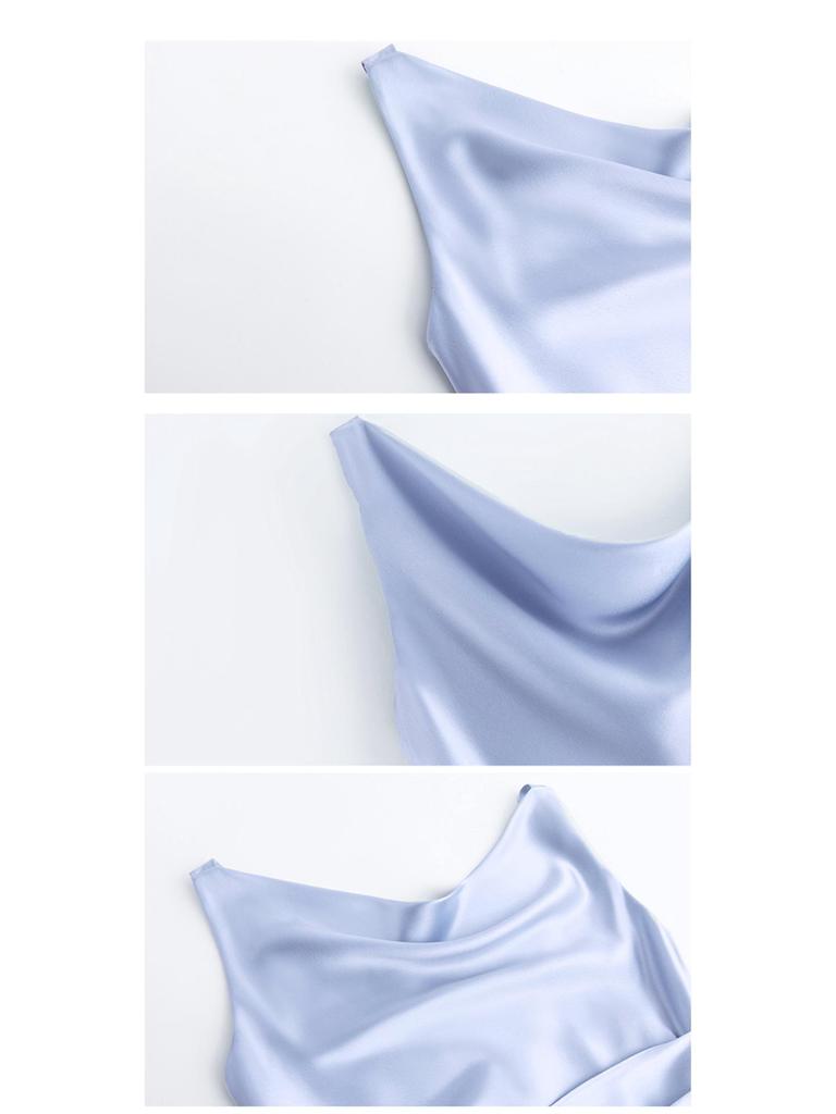 High-End Acetate Glossy Swing Collar Dress: Summer Socialite Style with Pleated Waist-Cinching and Luxe Texture.