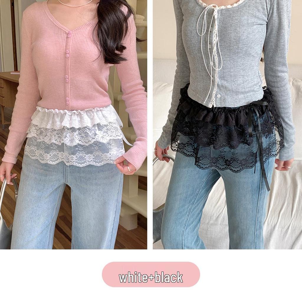 Lace Hem Layered Sweatshirt Skirt - Versatile White Short Skirt & Outerwear Piece