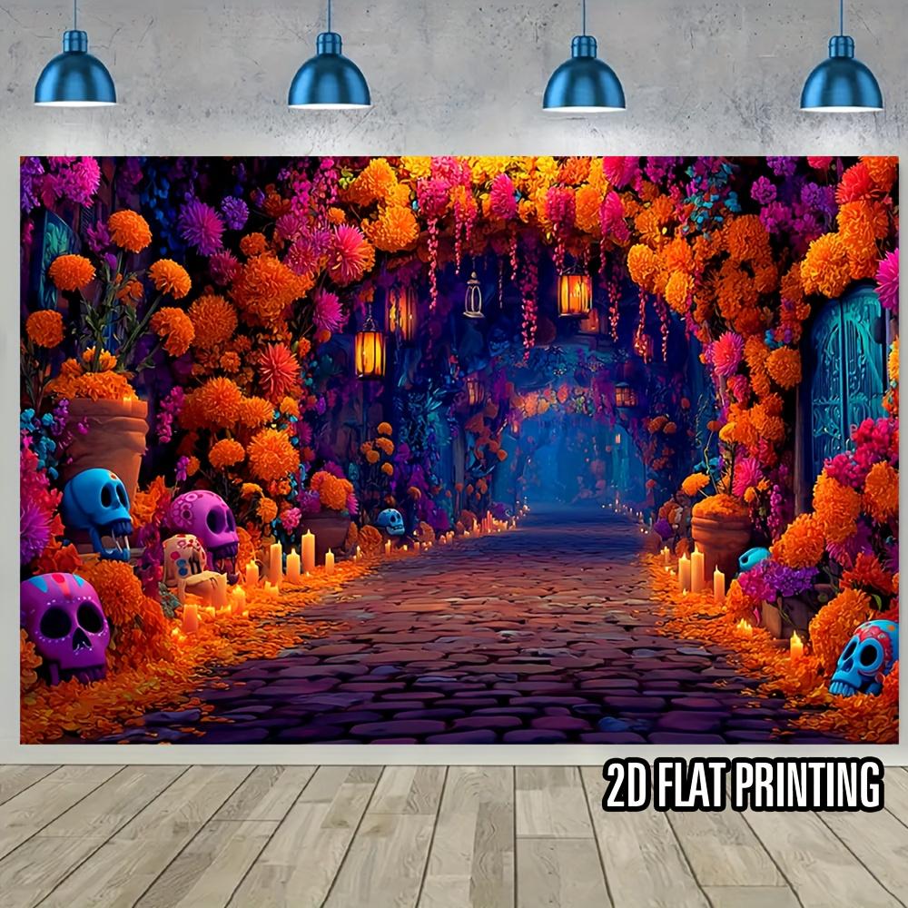 2D Plane, 1 Large Mexican Day of the Dead Wall Backdrop - Lacatrina Sugar Skulls and Candles, Bright Purple/orange
