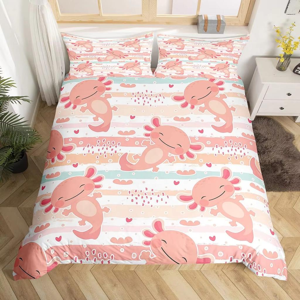 Karton Axolotl Weiches Bettbezug-Set Süßes Salamander-Bettwäsche-Set Kawaii Tierdecke Warme Deckenbezug für junge Jungen junge Mädchen Frauen Schlafzimmer Dekor