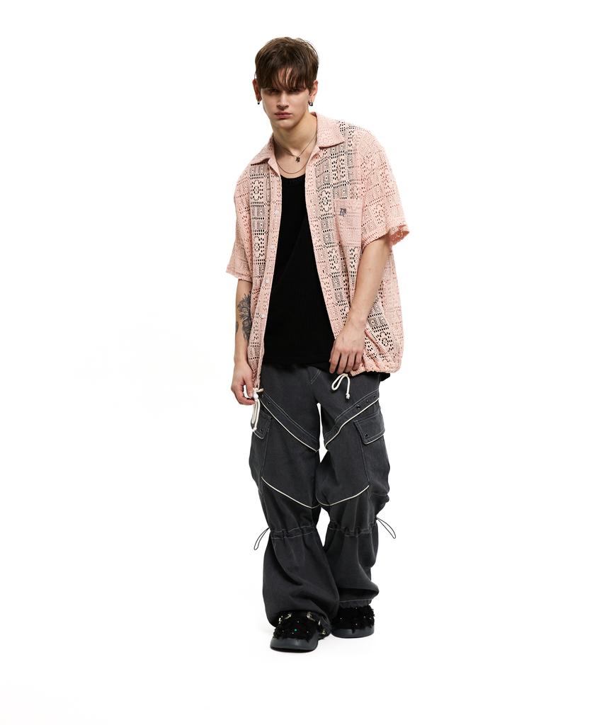 Aleseuseussi Knee String Cargo Denim Pants - Gray