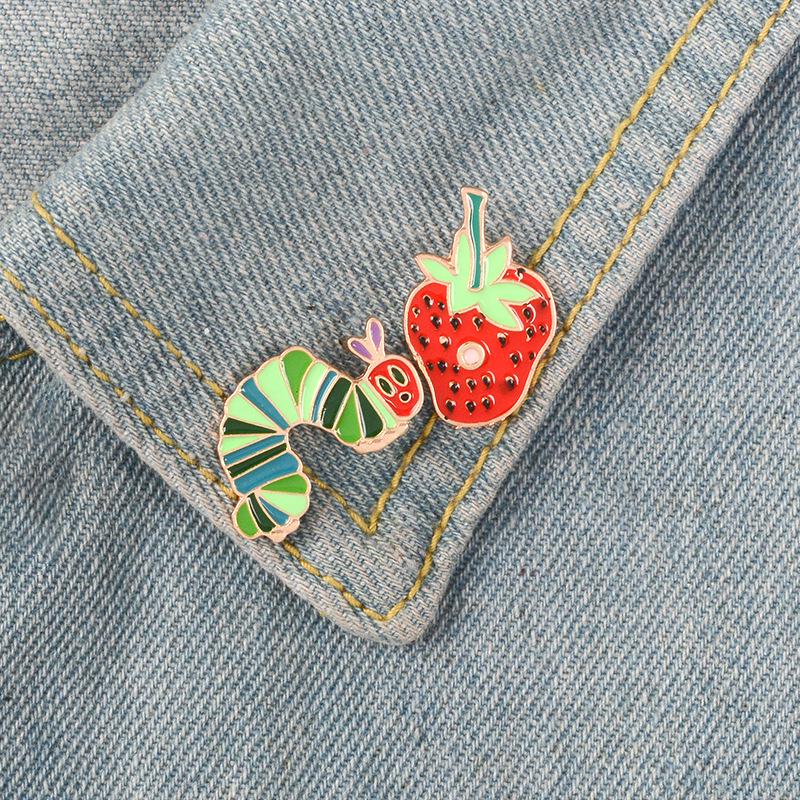 Cute Cartoon Alloy Brooch: Caterpillar & Strawberry Design