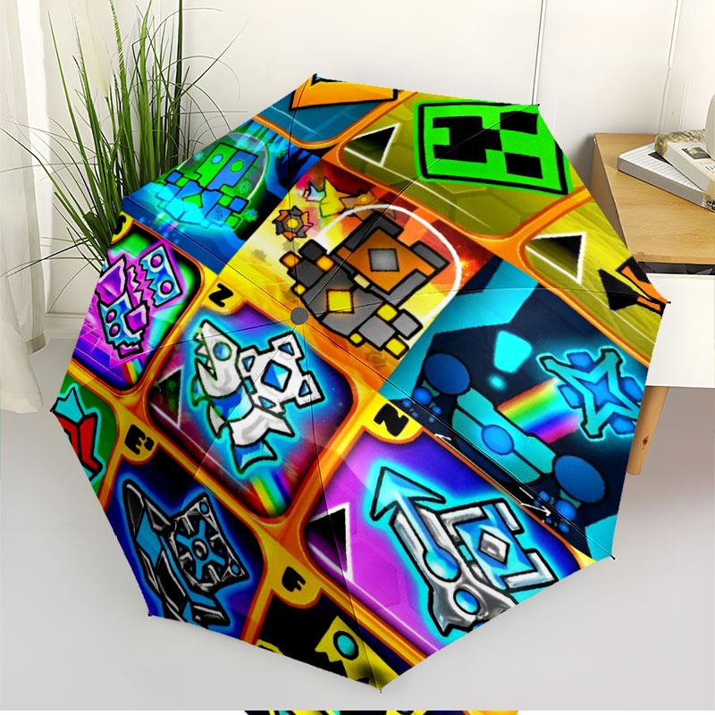 Geometry Dash Print Automatic Open Close Umbrella, Portable Foldable Umbrella, for Outdoor Commute Camping Trip, Ideal Birthday Gift