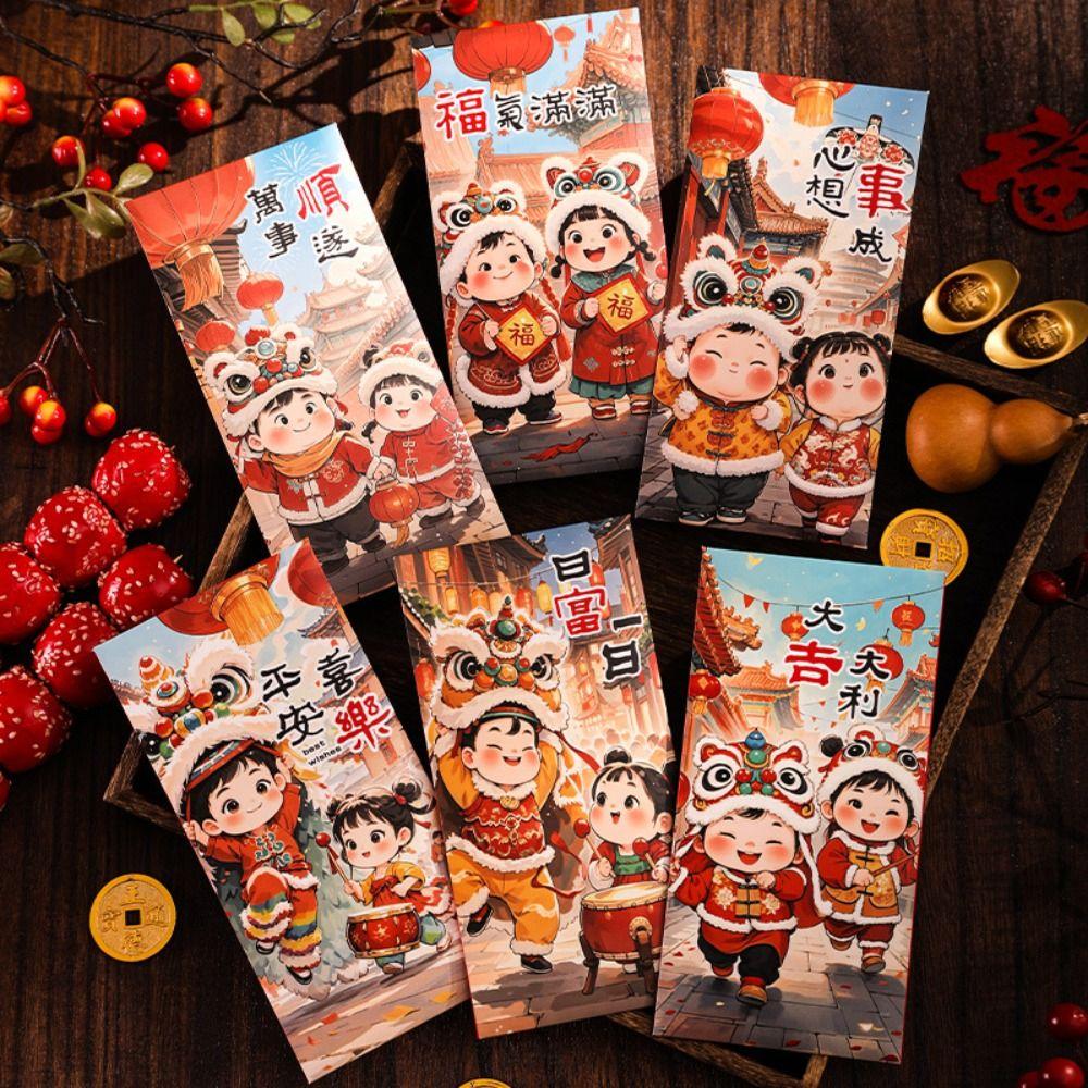 6pcs Traditional New Year Red Envelopes Cartoon Lucky Money Packets  Spring Festival Supplies
