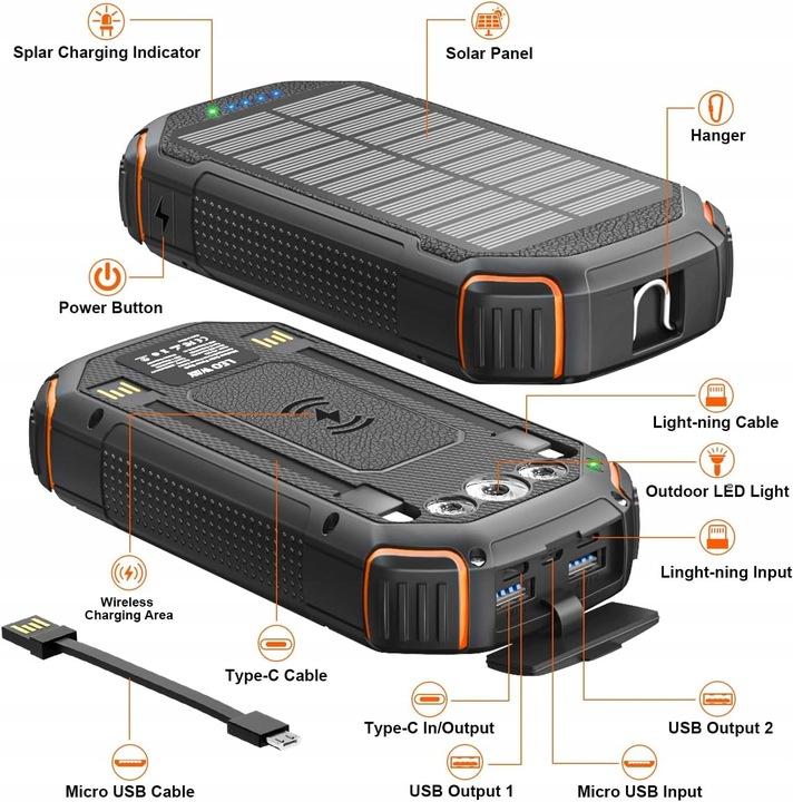 Powerbank Încărcător Solar 20000mAh 5xUSB Lanternă Carabină Qi Acelufly
