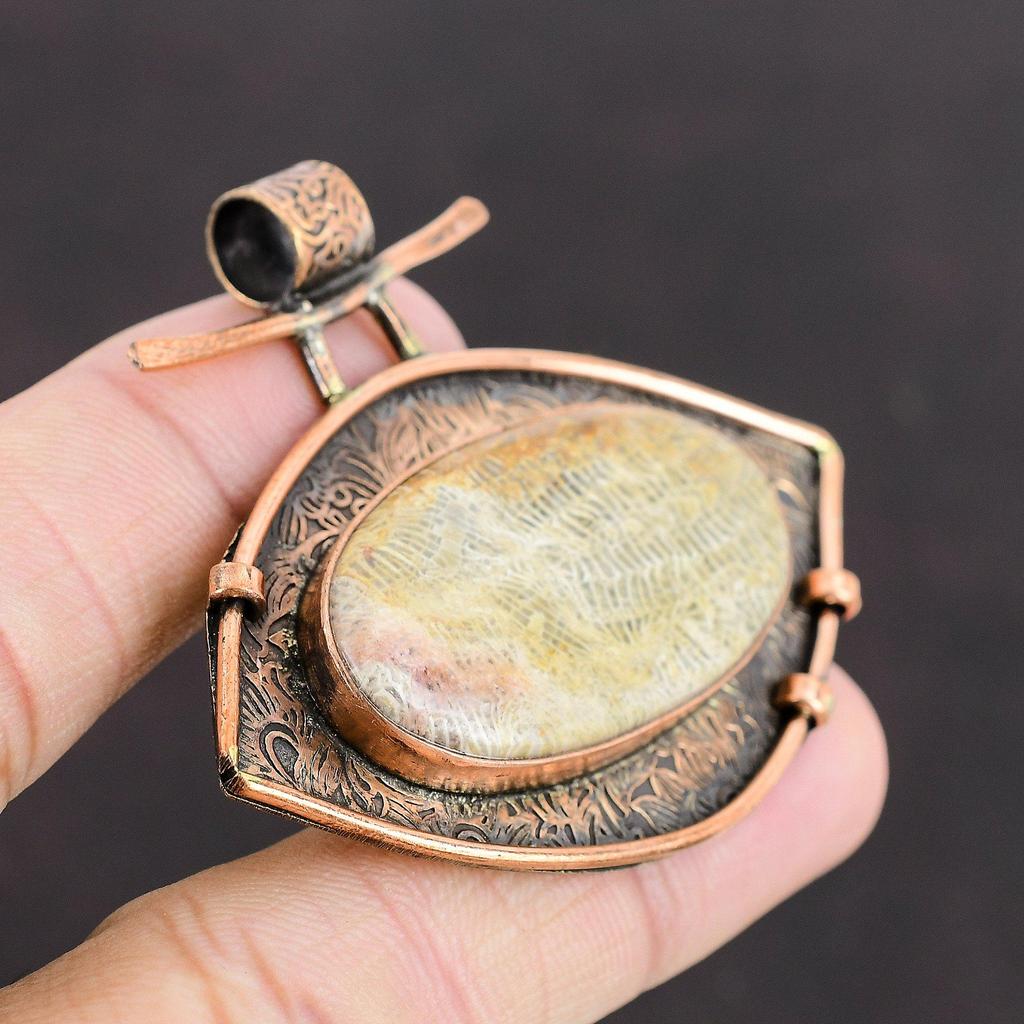 Fossil Coral Pendant Copper Pendant Gemstone Pendant Women Pendant Oxidized Copper Jewelry Gift For Bridal Wedding Jewelry Handmade Pendant