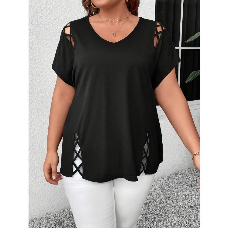 Plus Size Women T-Shirt Elegant Cross Strap Detail Solid Color Short Sleeve Fashion Top