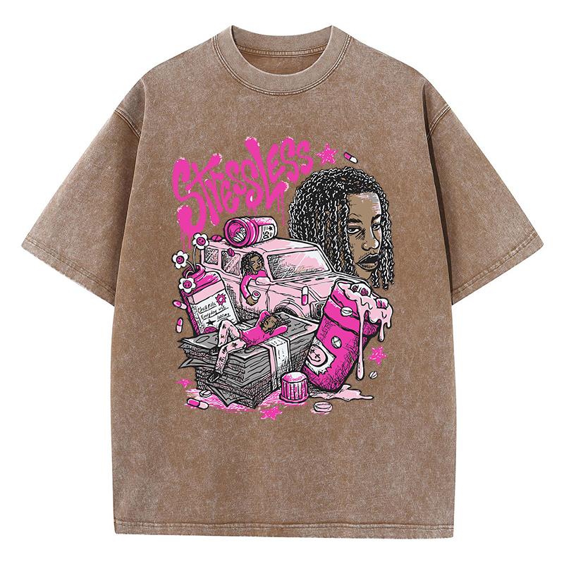 Woman Washed T-Shirts Stressless Funny Manga Print Short Sleeve Cotton Distressed Oversized Crewneck Tops Street Clothes