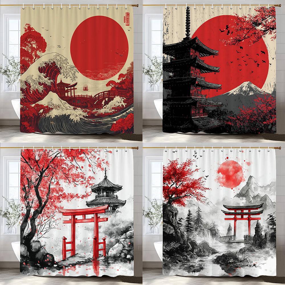 Dunika Chen Japanese Ink Painting Plum Blossom Blossom Landscape Shower Curtain, Bathroom Decorative Shower Curtain, With Hooks