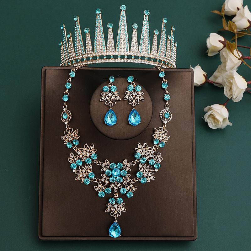 DIEZI Korean Sky Blue Crystal Crown Women Girls Headwear Luxury Bridal Bride Tiaras Necklace Earrings Wedding Party Jewelry Sets
