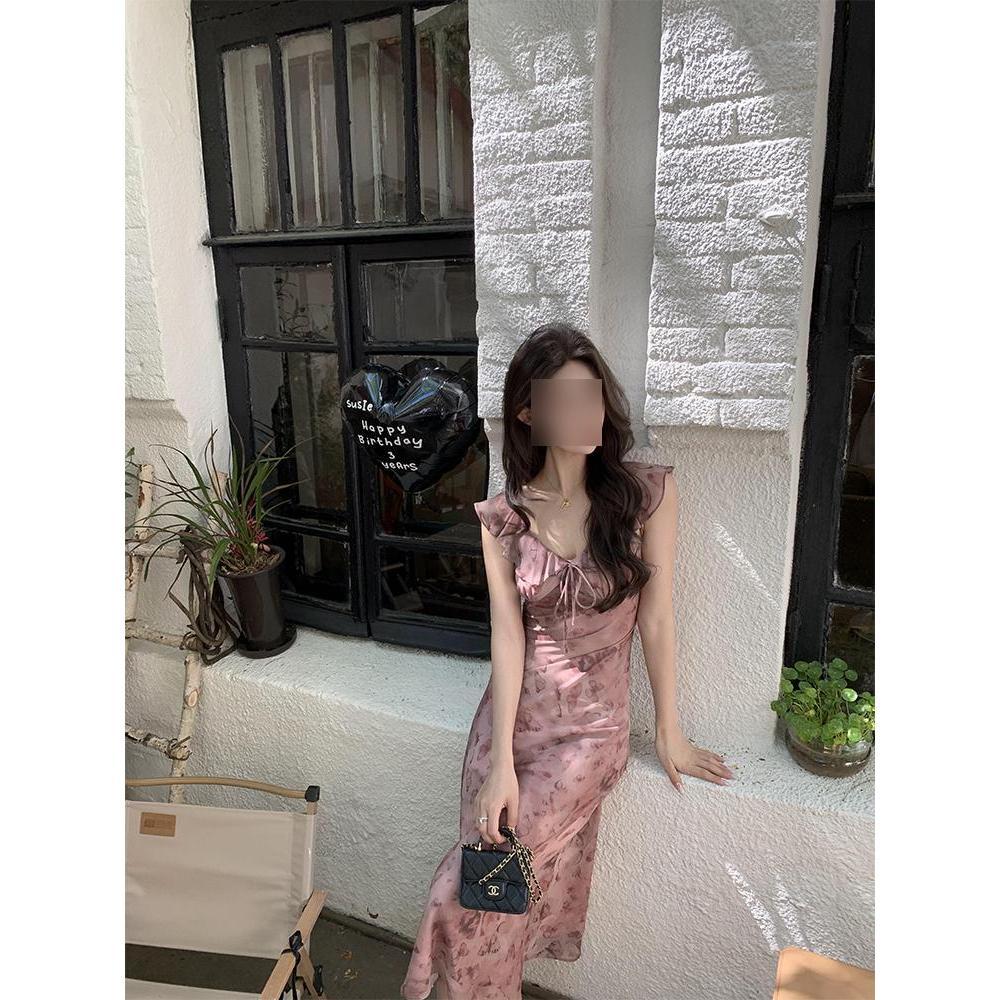 French casual long butterfly print lotus leaf edge thin dress women's summer new waist temperament skirt tide