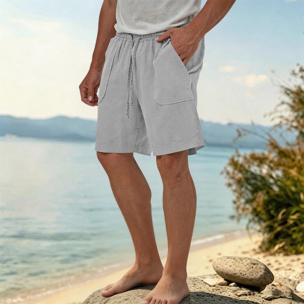 Mens Summer Linen Casual Shorts Loose Fit Lightweight Breathable Beach Shorts with Drawstring Waistband Pockets for Daily Wear