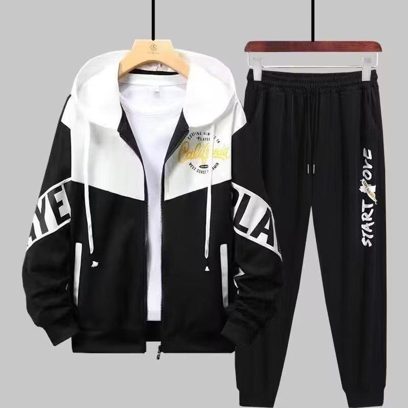 Men's Trendy Hooded Fleece Sweatshirt & Casual Baseball Uniform Two-Piece Set for Autumn/Winter Teens