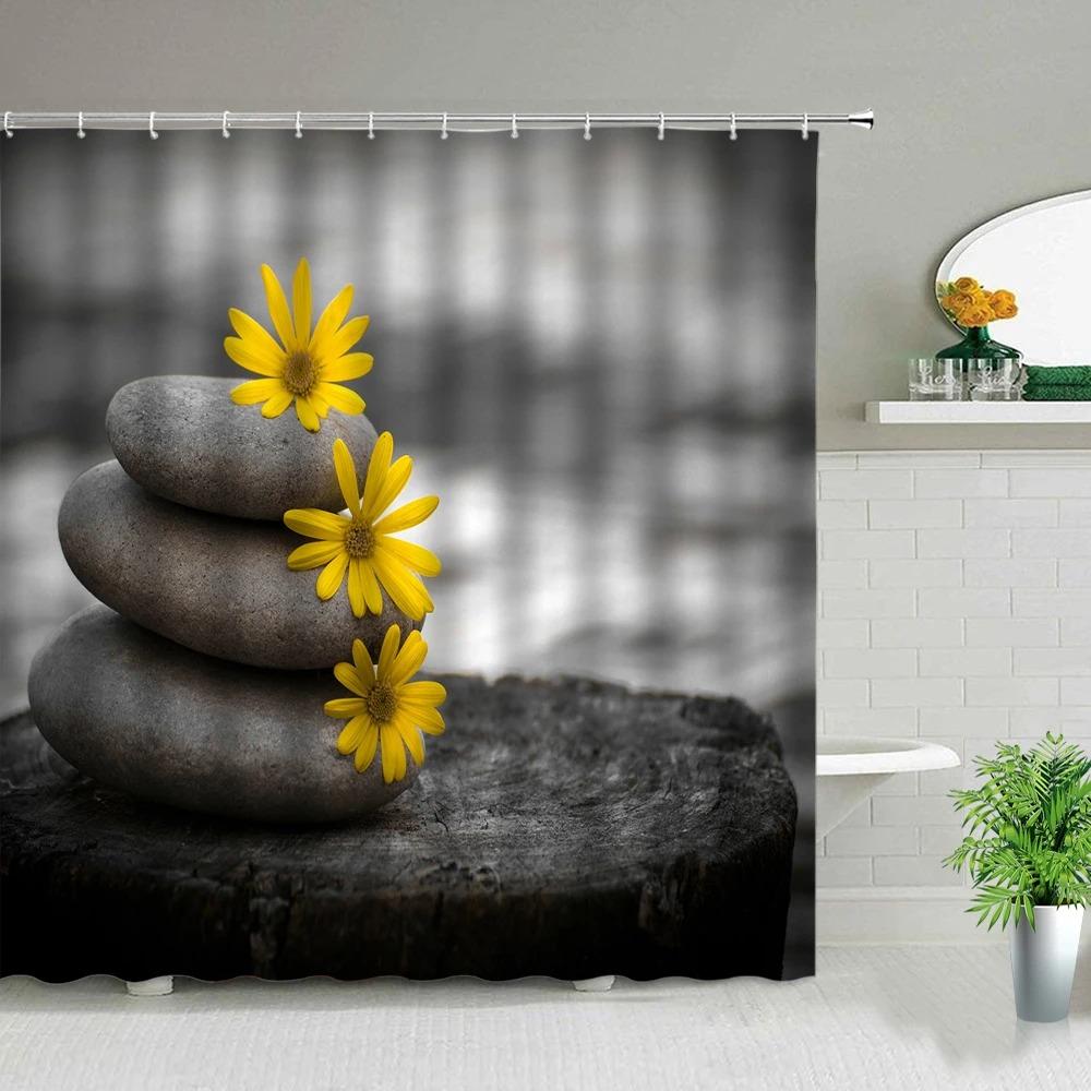 Zen Green Bamboo Buddha Shower Curtains Water Candle Stone Lotus Plant Garden Scenery 3D Home Decor Cloth Hooks Bathroom Curtain