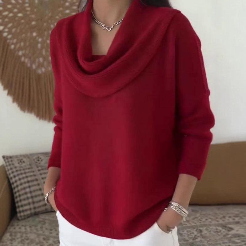 Pull chaud d'hiver pour femme à col châle - Haut pull-over à manches longues de couleur unie avec col montant, blouse décontractée confortable pour l'automne/hiver
