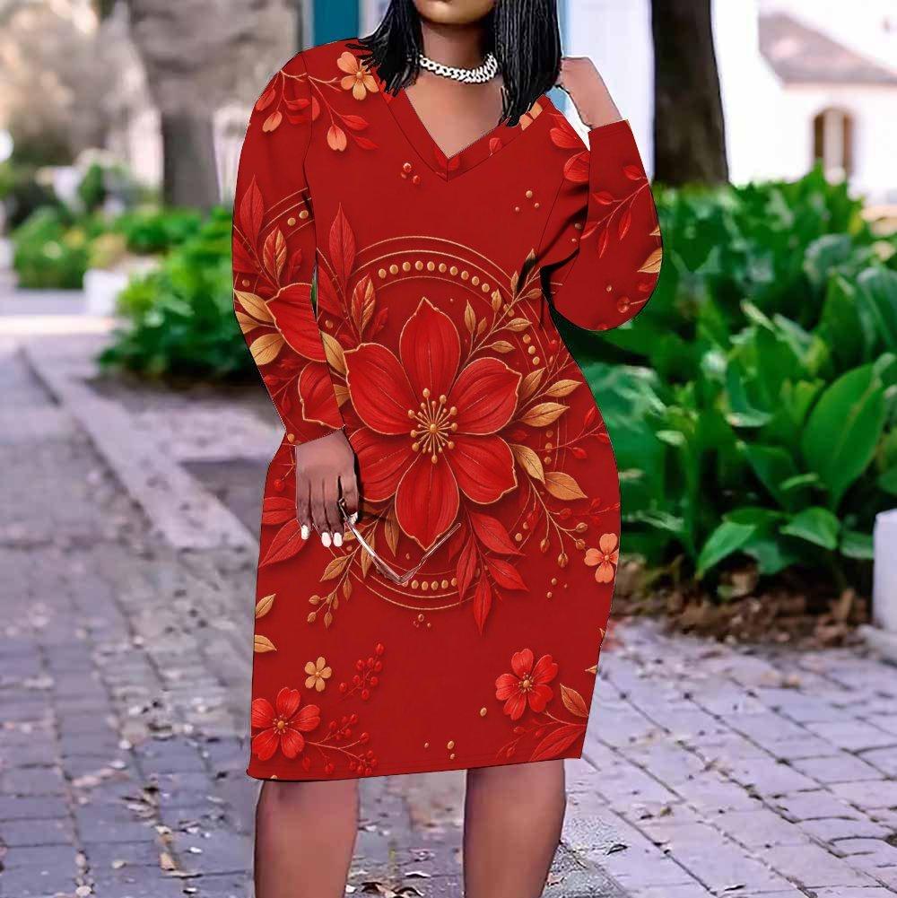 Women Plus Size V Neck Long Sleeve Printed Navy Blue Fitted Dress