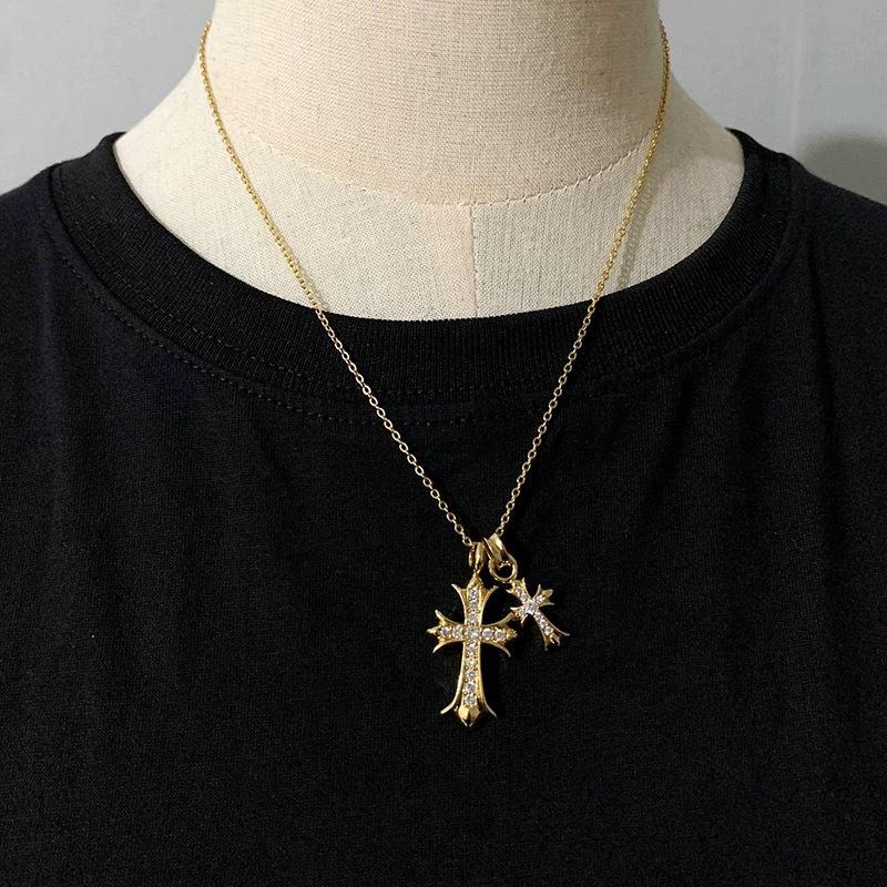 Unisex Hip Hop Titanium Steel Diamond Cross Pendant Necklace