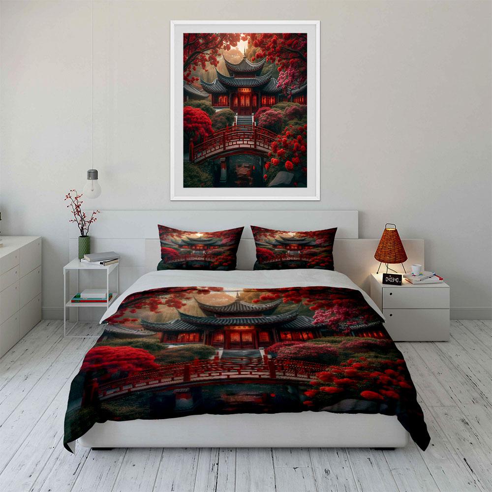 Classical Courtyard With Red Bridge Duvet Cover Set With 3D Printing Design Soft Polyester Bedding Set All-Season Comfort