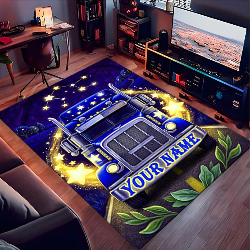 1PC Custom Name Nighttime Truck Journey Theme Floor Mat Ideal for Living Room, Game Rooms, Office, Bedroom,Floor Mat Playful Design