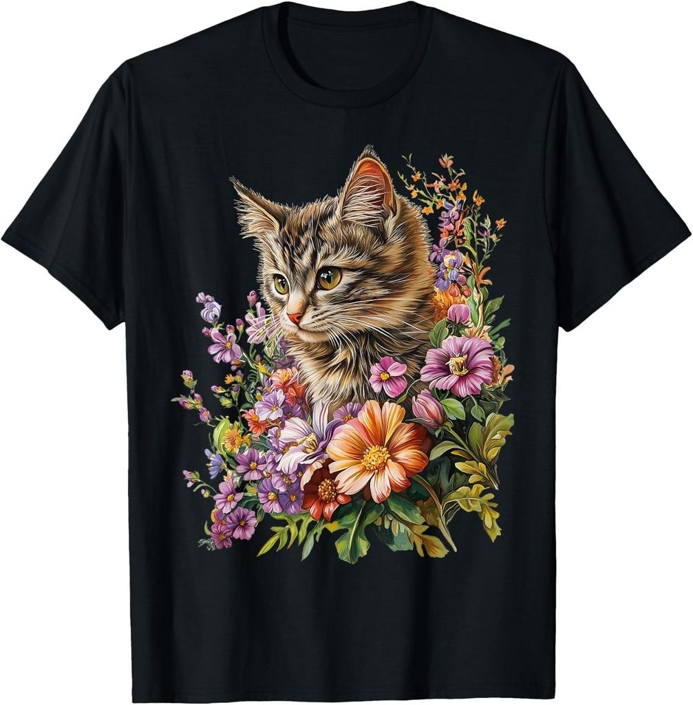 Cat Flower Cute Kitten Graphic T-Shirt