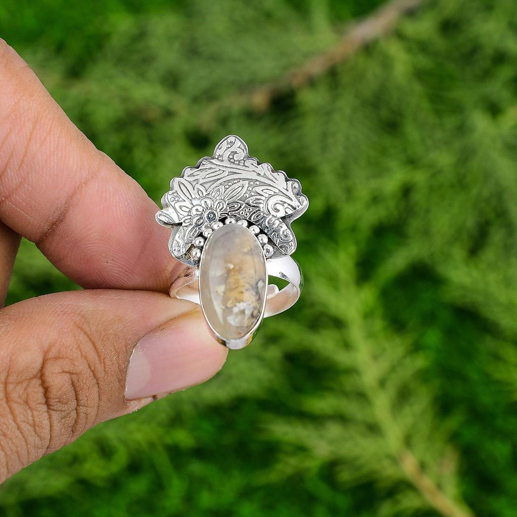 Natural Plume Agate Elegant Anniversary Bezel Statement Ring Jewelry 925 Silver