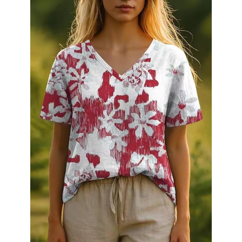 3D T-Shirt Flower Summer Women's T-Shirt Floral Pattern Bohemian Style Casual Short-Sleeved V-Neck Loose Women's Clothes