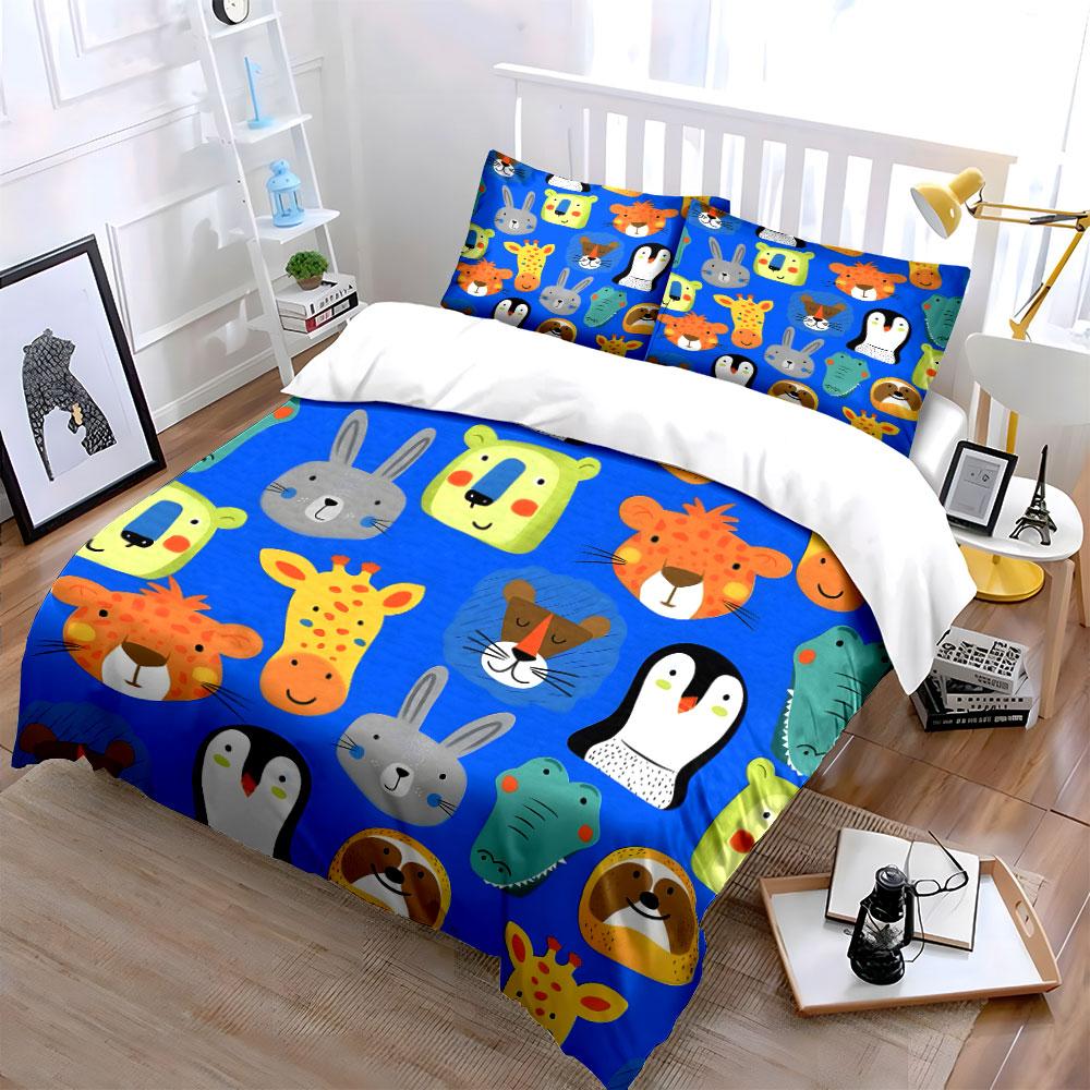 Cartoon Animal Faces Pattern Bedding Duvet Cover Set (1*Duvet Cover 2*Pillowcases, without duvet insert)