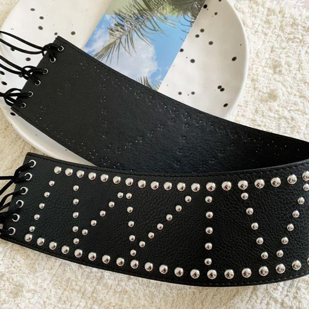 Wide Leather Waist Belt Y2k Women's Dress Belt Retro Cross Rivet Belt Waist Accessories