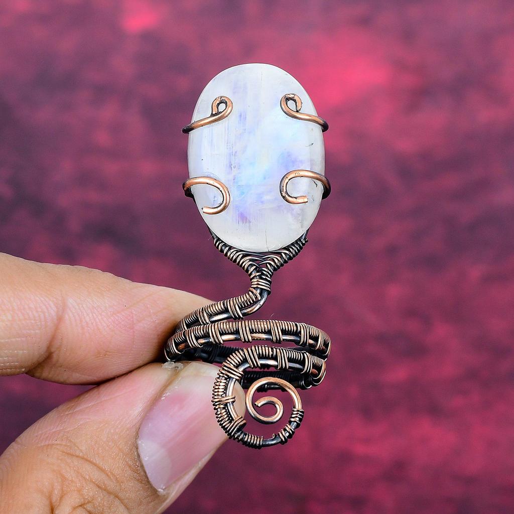 Rainbow Moonstone Ring Adjustable Ring Copper Wire Wrapped Real Gemstone Jewelry