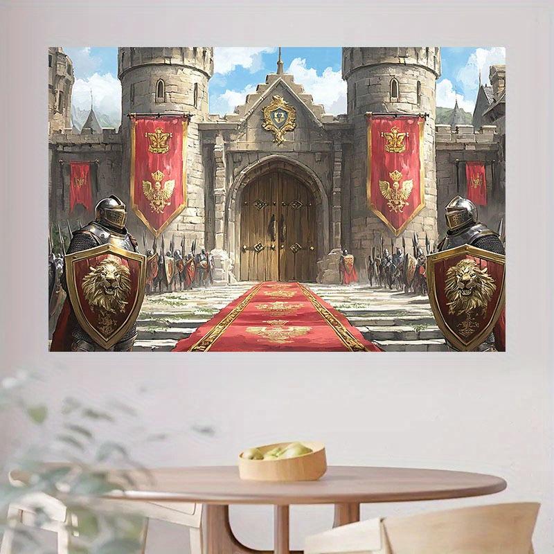 2D banner 1 piece, 2D medieval castle background with red lion shield and Knight design Halloween party, themed event, tailgate